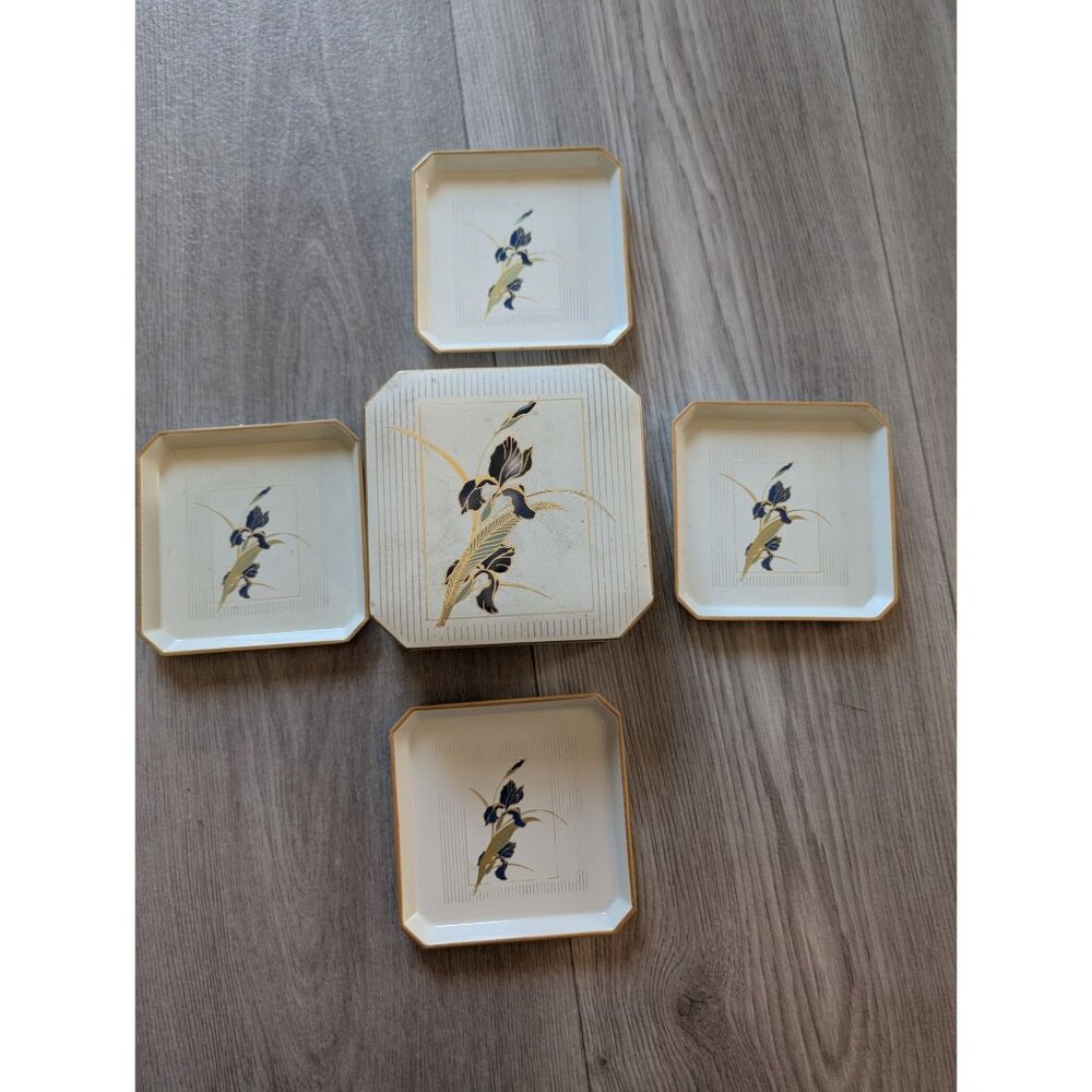 Vintage Otagiri Japan Grand Iris Porcelain Coaster Set With Holder Gold Trim